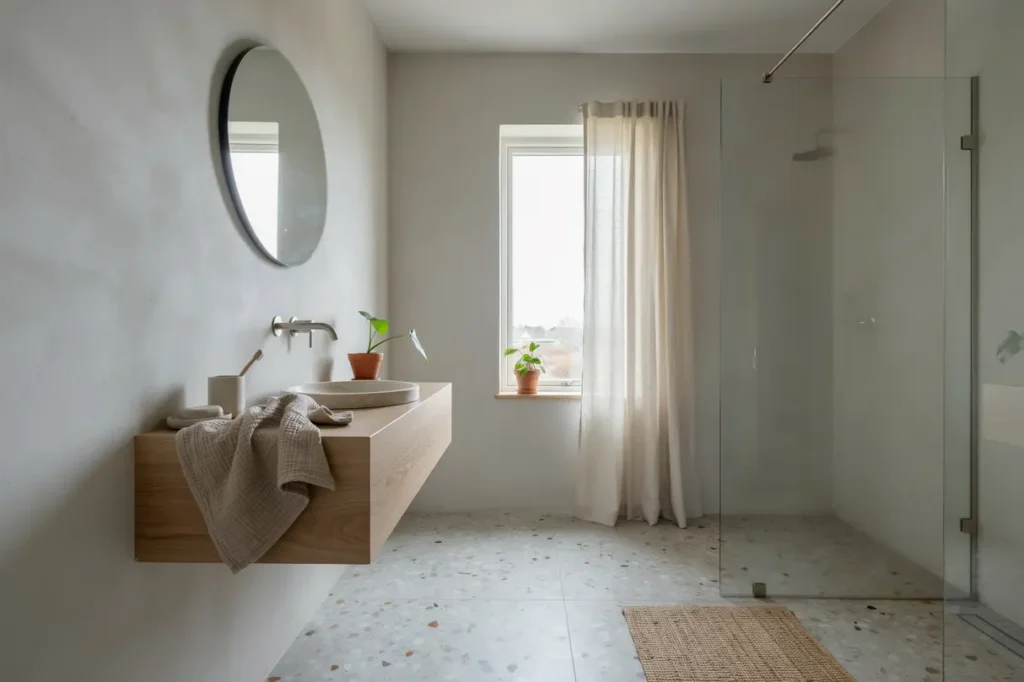 badrum f rdigst llt med terrazzo rund spegel och duschv gg i bollmora